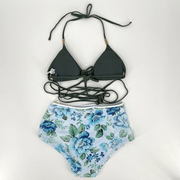 Aerie Ribbed Wrap Triangle High Waisted Full Coverage Bikini Set Green Medium - Picture 4 of 8